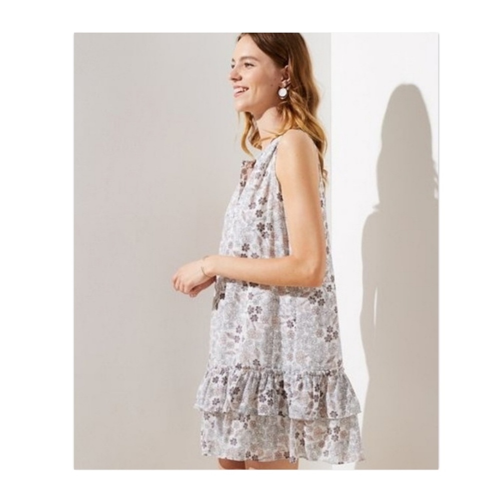 Loft Floral Doodle Henley Ruffle Dress